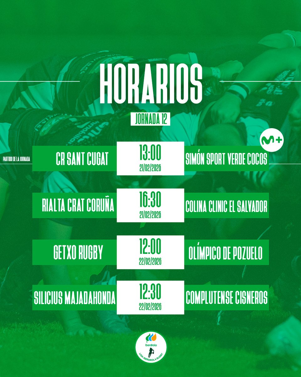 ⌚️ 𝐇𝐎𝐑𝐀𝐑𝐈𝐎𝐒 Jornada 1️⃣2️⃣

📺 <a href="/MovistarRugby/">Rugby en Movistar Plus+</a> emitirá el partido entre <a href="/rugbysantcugat/">Rugby Sant Cugat</a> y <a href="/CocodrilasRugby/">COCODRILAS RUGBY</a> 

#LigaIberdrolaRugby