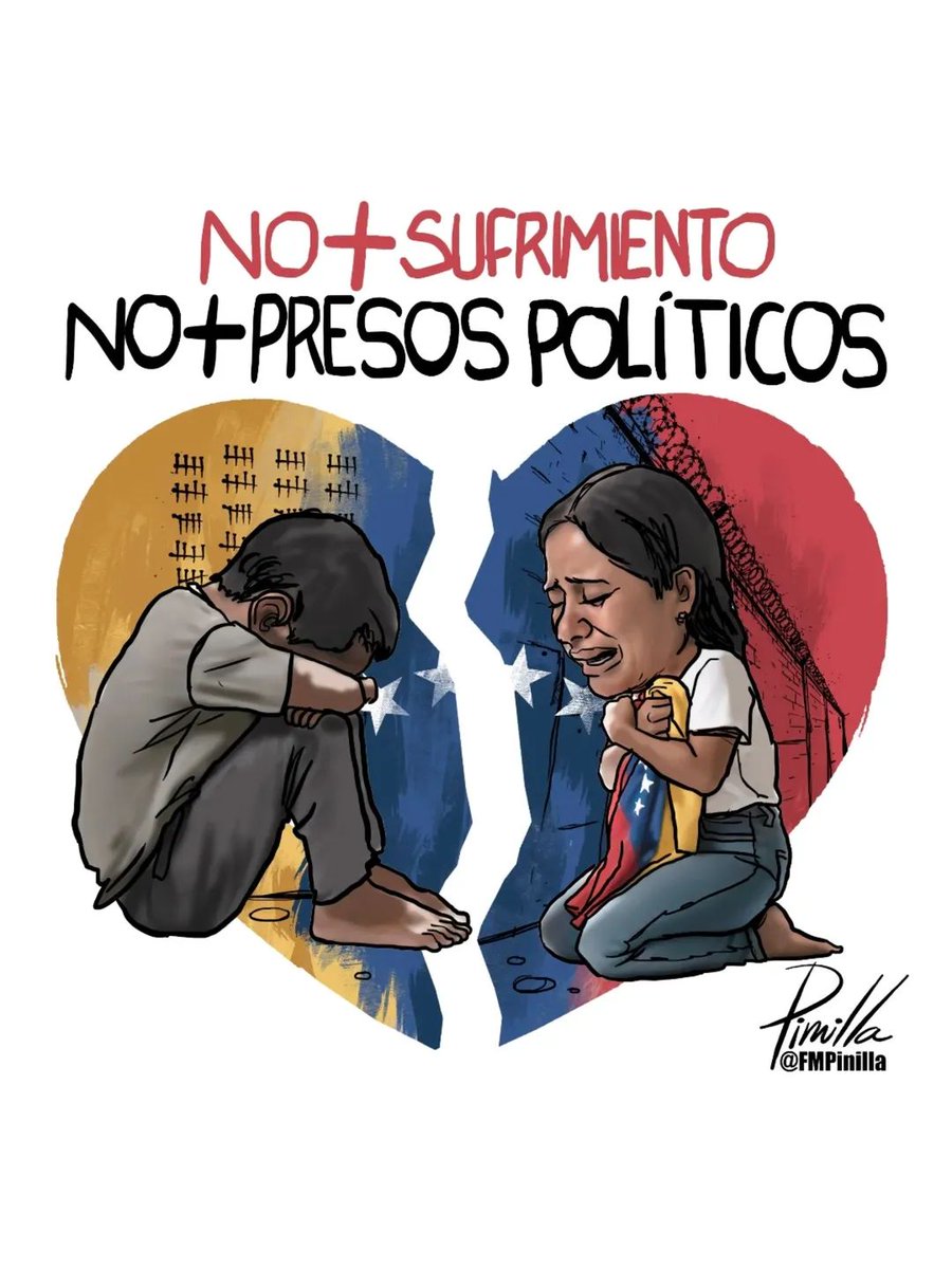 Sinmordaza's tweet photo. No más familias rotas por la injusticia. 💔 Tras cada preso político hay un hogar fracturado que cuenta los días para el reencuentro. Exigimos libertad plena y el fin del castigo a la disidencia. Gracias @fmpinilla por ilustrar este clamor nacional.
 #ArteSinMordaza #VenezuelaLibre