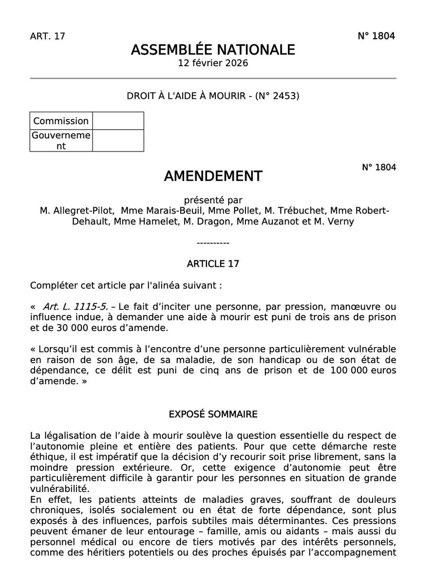 AllegretPilot's tweet photo. ‼️Scandale sur la loi Euthanasie : rejet pour « irrecevabilité » de mon amendement créant un délit d’incitation à l’euthanasie, en pur miroir de l’actuel délit d’entrave. 

Nous nous dirigeons vers un monde où vous pourrez inciter les gens à se faire euthanasier (exp. publicité ) mais où vous risquerez 2 ans de prison si vous tenter de dissuader quelqu’un d’y recourir !

Ce n’est pas la « loi d’équilibre » que les lobbyistes annoncent dans leurs éléments de langage.

La pulsion de mort a totalement débordé l’amour.