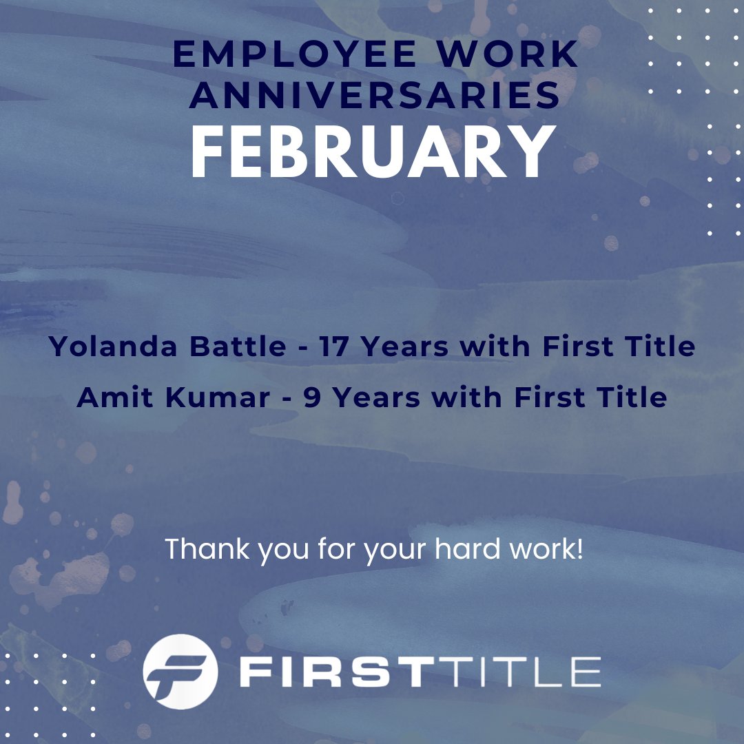 firsttitle's tweet photo. 🎉 Work Anniversary Shout-Outs! 🎉

We’re proud to celebrate these team members and the years of dedication, hard work, and impact they’ve brought to First Title. Thank you for being such an important part of our journey—we couldn’t do it without you! 👏 https://t.co/WrO4naNd8p