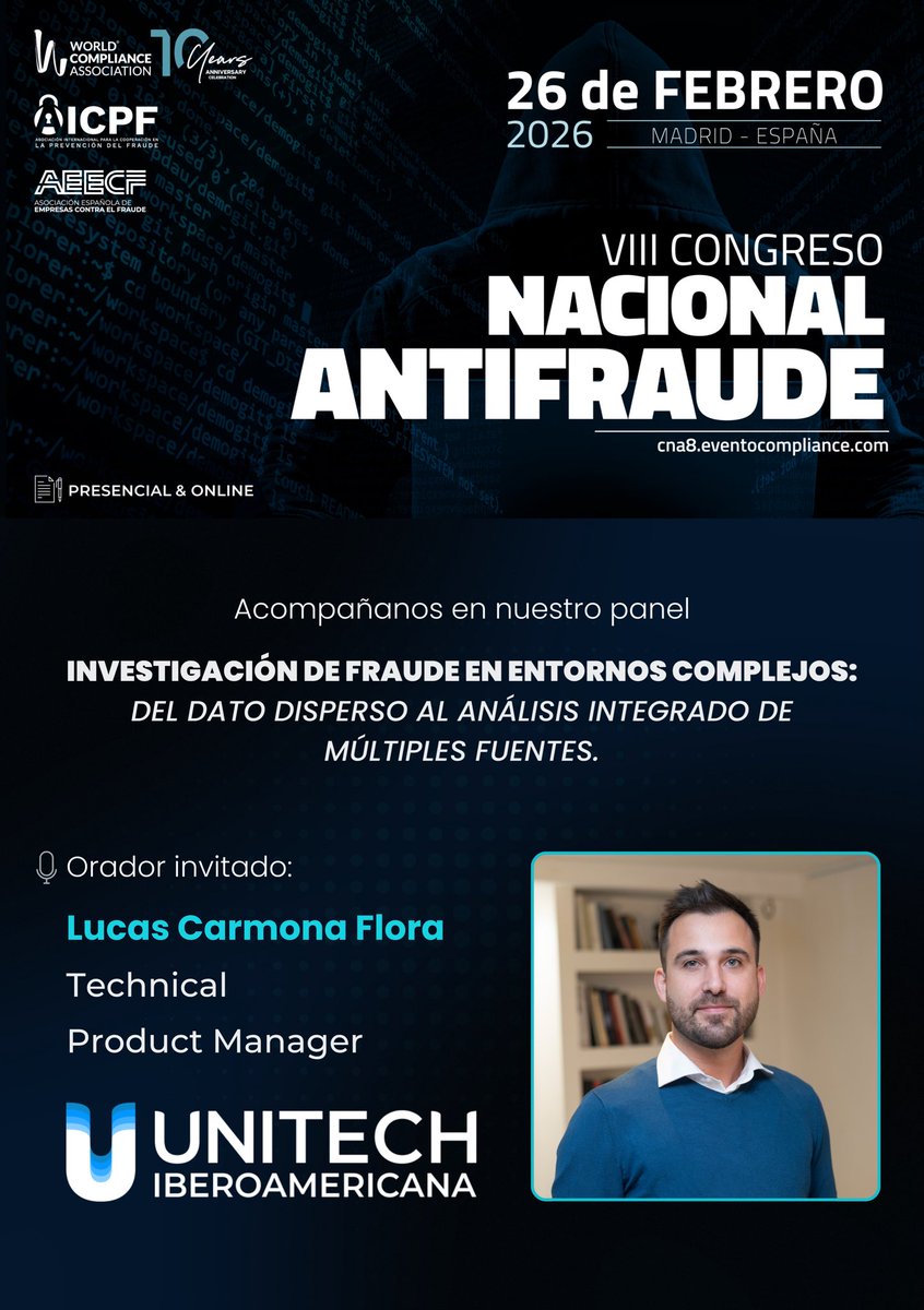UnitechIbero's tweet photo. Unitech Iberoamericana será sponsor oficial del VIII Congreso Nacional Antifraude.

Nuestro especialista Lucas Carmona presentará: “Investigación de fraude en entornos complejos: del dato disperso al análisis integrado de múltiples fuentes”.

#UnitechIberoamericana #i2 https://t.co/gcP9vq0jJi