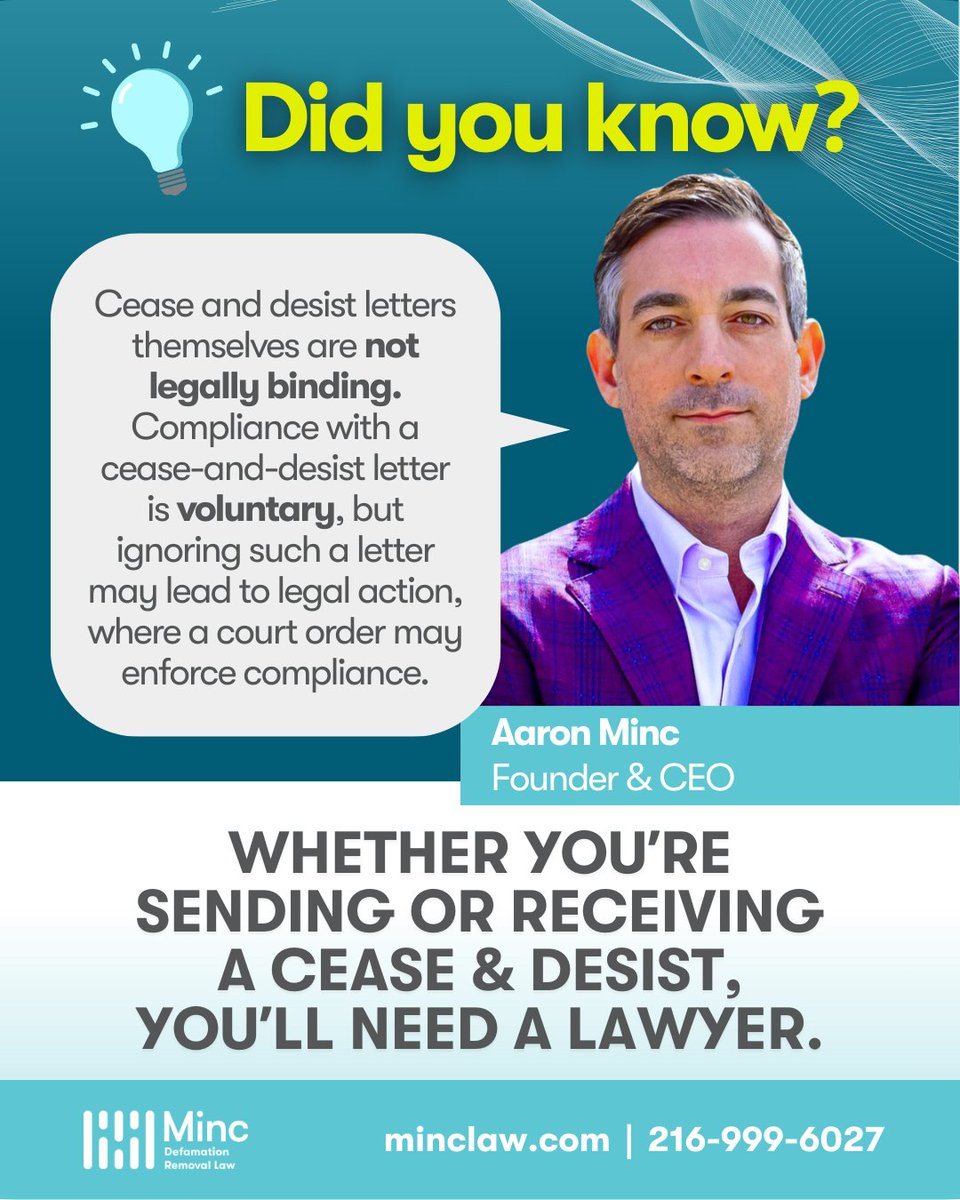 Not everyone knows this about cease &amp; desist letters... whether you've sent or received one, you should always contact a lawyer to discuss what your best move is.