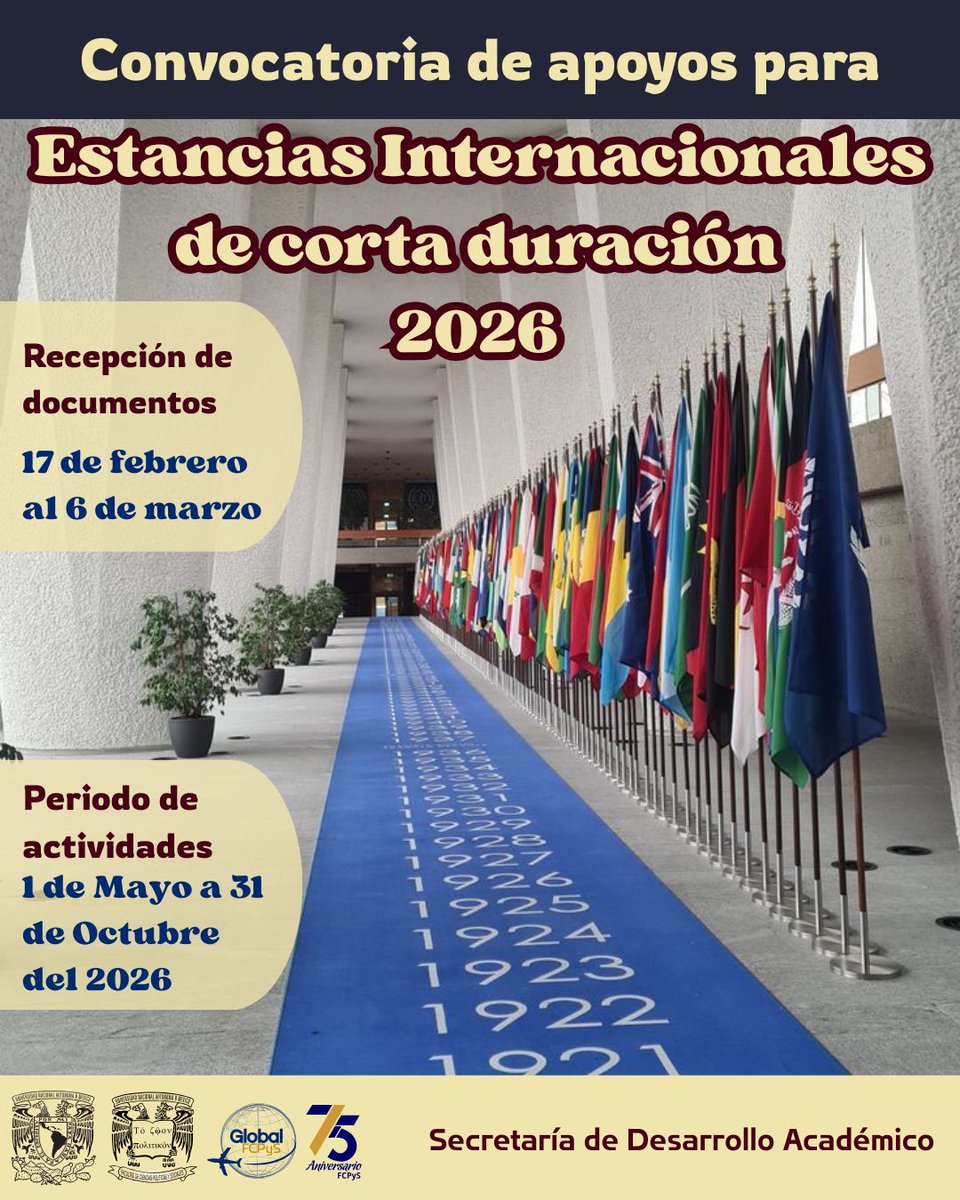 ¿Tienes en puerta alguna actividad académica 👩‍💼👨‍💼 🎓como tomar un curso de capacitación, participar en un taller o ponencia en el extranjero entre el 1 de mayo y el 31 de octubre de 2026?🗓️
No dejes pasar la oportunidad de obtener un apoyo económico💰. 
www2.politicas.unam.mx/sda/?page_id=5…