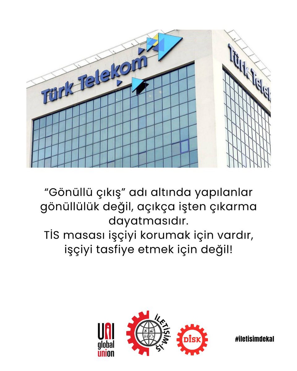 iletisimis's tweet photo. Türk Telekom’da 16. Dönem TİS süreci işçiden kaçırılıyor.
İşçinin görüşü alınmadan, iradesi yok sayılarak yürütülen hiçbir görüşme meşru değildir.
İşçi yoksa, meşruiyet de yoktur!

“Gönüllü çıkış” adı altında yapılanlar gönüllülük değil, açıkça işten çıkarma dayatmasıdır.
TİS masası işçiyi korumak için vardır, işçiyi tasfiye etmek için değil!

DİSK / İletişim-İş olarak uyarıyoruz:
İşçinin onayı olmadan hiçbir sözleşme geçerli değildir!
İş güvencesi kırmızı çizgimizdir!

Hiç kimse Türk Telekom işçisini sahipsiz sanmasın.
Haklarımızı, işimizi ve geleceğimizi savunacağız.
Bu dayatmaları kabul etmiyoruz!
#TürkTelekom #TİS #İşçiKıyımı #Sendika #DİSK #İletişimİş