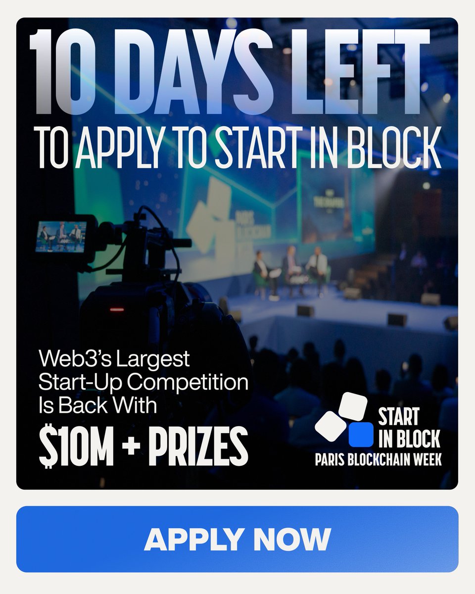 ParisBlockWeek's tweet photo. 10 Days Left to Register for #StartInBlock! 🚨

$10M+ in prizes, the Louvre as your stage, and the VCs who can fund in the audience.

This is your shot to pitch in front of the institutions and strategic partners who can fund, open doors, and build the ecosystems that scale startups into category leaders, including @Cryptocom_Cap, @Cardano_CF, @animocabrands, @awscloud, @Bpifrance, @BNBCHAIN, @yzilabs, @deel, @bit2me, @DraperDragon, @DraperVC, @Maven11Capital, @CoinMarketCap, @TheBlock__, @SpectrumNodes, @AdevarLabs, @lightspeedvp, @oviohq, @50Partners, @Dune and many more.

You have 10 days. Most founders will wait. The ones who apply now will be on stage.

Apply before February 28 and take your shot.

https://t.co/rW0mfPOUup