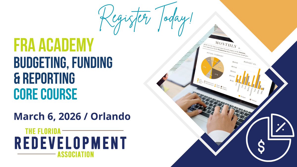 The next FRA Academy Course is “Budgeting, Funding, &amp; Reporting” on March 6 in Orlando, so sign up today!

Learn more at redevelopment.net/redevelopment-… 

#RedevelopmentWorks #Redevelopment #FloridaRedevelopment #MyFRA #FLRedevelopment #FRAAcademy