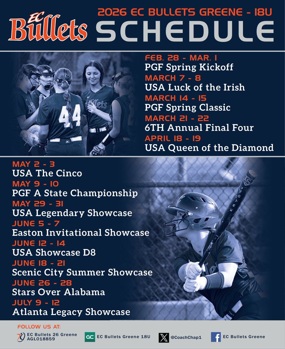 CoachChap1's tweet photo. Excited to pick up, where we left off in fall! Here's #ecbulletsgreene spring/summer schedule!  College coaches stop by; get 👀👀on our talented, uncommitted 27/28 ballers! 1-week away before we hit the dirt for the first time this spring! 80+ game schedule #reps @EastCobbBullets https://t.co/NINHR7JgnC