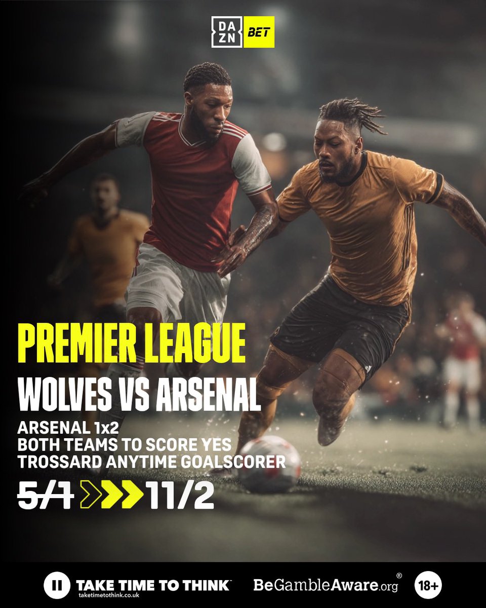 🏴󠁧󠁢󠁥󠁮󠁧󠁿Premier League 

⚽️Wolves 🆚 Arsenal
🗓️Today, 18 February.

📲Go to DAZN Bet and check the odds.

🔗shorturl.at/DStkk

#dazn #daznbet #premierleague #wolves #arsenalfc