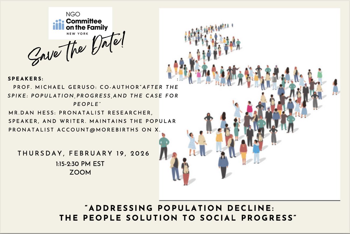 NGOFamilyComm's tweet photo. "Addressing Population Decline: The People Solution to Social Progress". We are hosting a super event tomorrow 2/19/2026 via Zoom with two fine speakers: Michael Geruso @mikegeruso &amp; Dan Hess from @MoreBirths  Sing Up Now!  Register here: https://t.co/mMcuwvGiza https://t.co/OAMpax0y1j