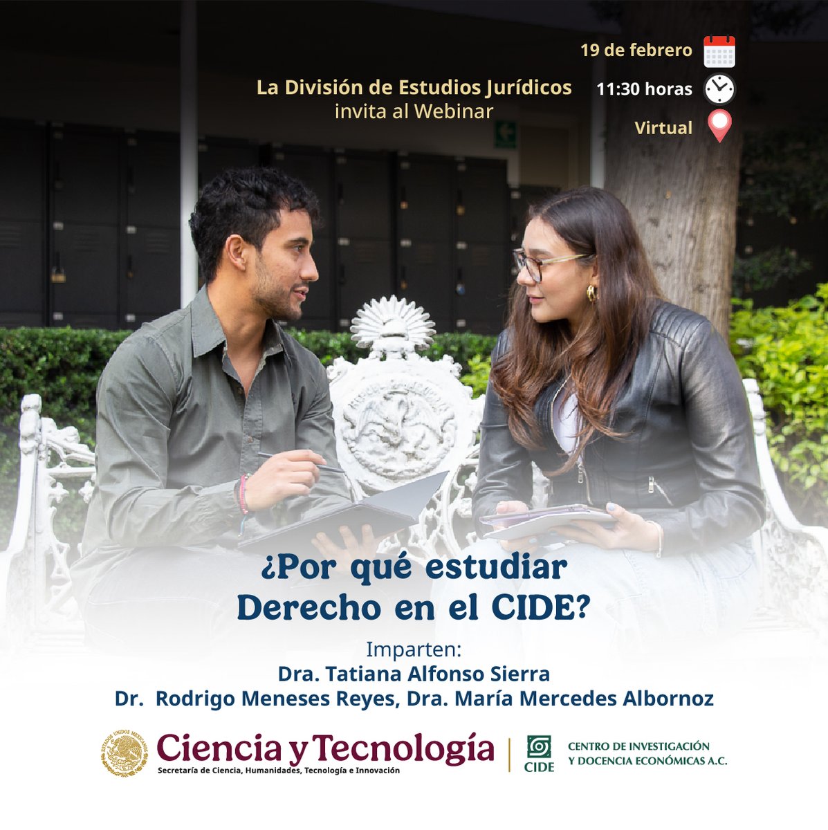 #AgendsCIDE | La División de Estudios Jurídicos te invita a participar en el webinar "¿Por qué estudiar Derecho en el CIDE?", impartido por Tatiana Alfonso, Rodrigo Meneses y Mercedes Albornoz.

🗓️ 19 de febrero | 11:30 horas
📺 Transmisión: bit.ly/3ZH9C77