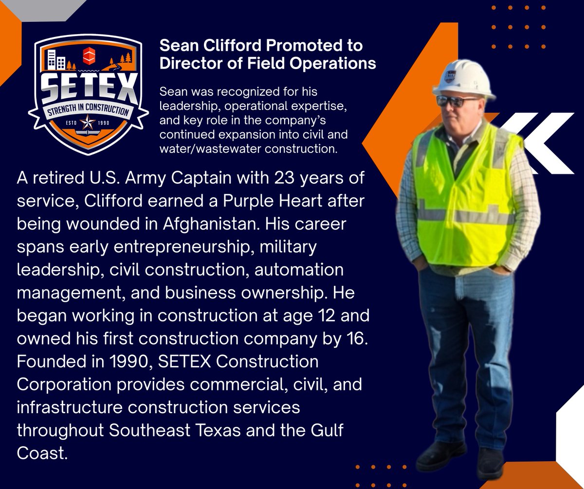 SETEXConstruct's tweet photo. Sean Clifford Promoted to Director of Field Operations at SETEX Construction Corporation.
Glad to have this man on board! https://t.co/cPUjFhgmD6