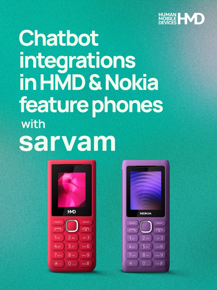 HMDdevicesIN's tweet photo. Not just smart. Human smart.
Real conversations. Real problem solving. In your language. AI chatbot integration coming soon on HMD & Nokia feature phones with Sarvam.

Because technology should feel closer to people. 

Smart help. Simple phones. Real impact. 📱💬

#HumanisingTech #HMD #HMDIndia