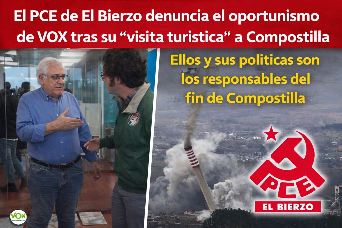 pcebierzo's tweet photo. 📢 El PCE de El Bierzo denuncia el oportunismo de VOX tras su “visita turística” a Compostilla.
⚠️ “Ellos y sus políticas son los responsables del fin de Compostilla”.
Más información ⤵️
https://t.co/4wwZqbNY97
#Bierzo #PCE #Compostilla #MemoriaIndustrial https://t.co/2wKrBcH1Ja