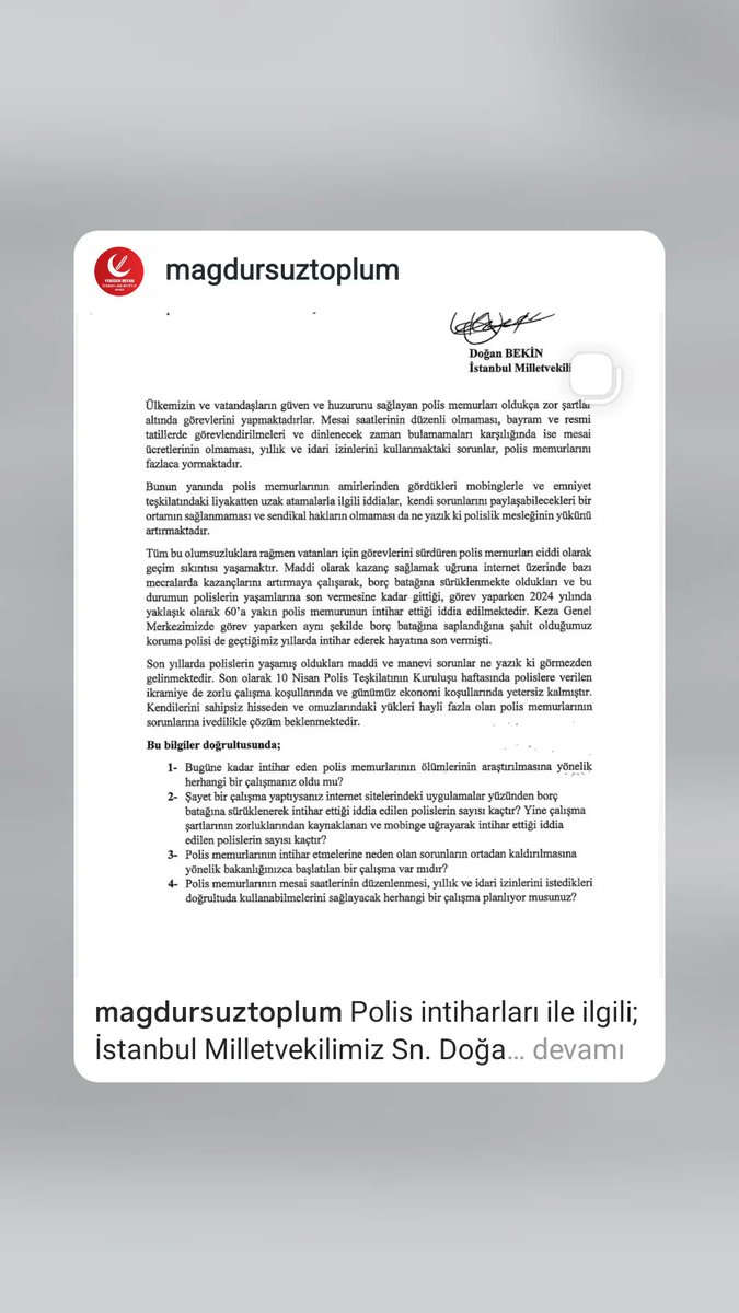 Polis intiharları ile ilgili;
İstanbul Milletvekilimiz Sn. Doğan Bekin tarafından İçişleri Bakanımıza verilen soru önergesine yanıt bekliyoruz !

<a href="/erbakanfatih/">Dr. Fatih Erbakan</a> <a href="/rprefahpartisi/">Yeniden Refah Partisi</a> <a href="/DoganBekin/">Doğan Bekin</a> <a href="/EmniyetBirlik/">EMNİYET BİRLİK PLATFORMU</a> <a href="/polissorunlar/">POLİSSORUNLARITAKİP</a> <a href="/magdursuztoplum/">Toplumsal Mağduriyetler Kurulu</a>