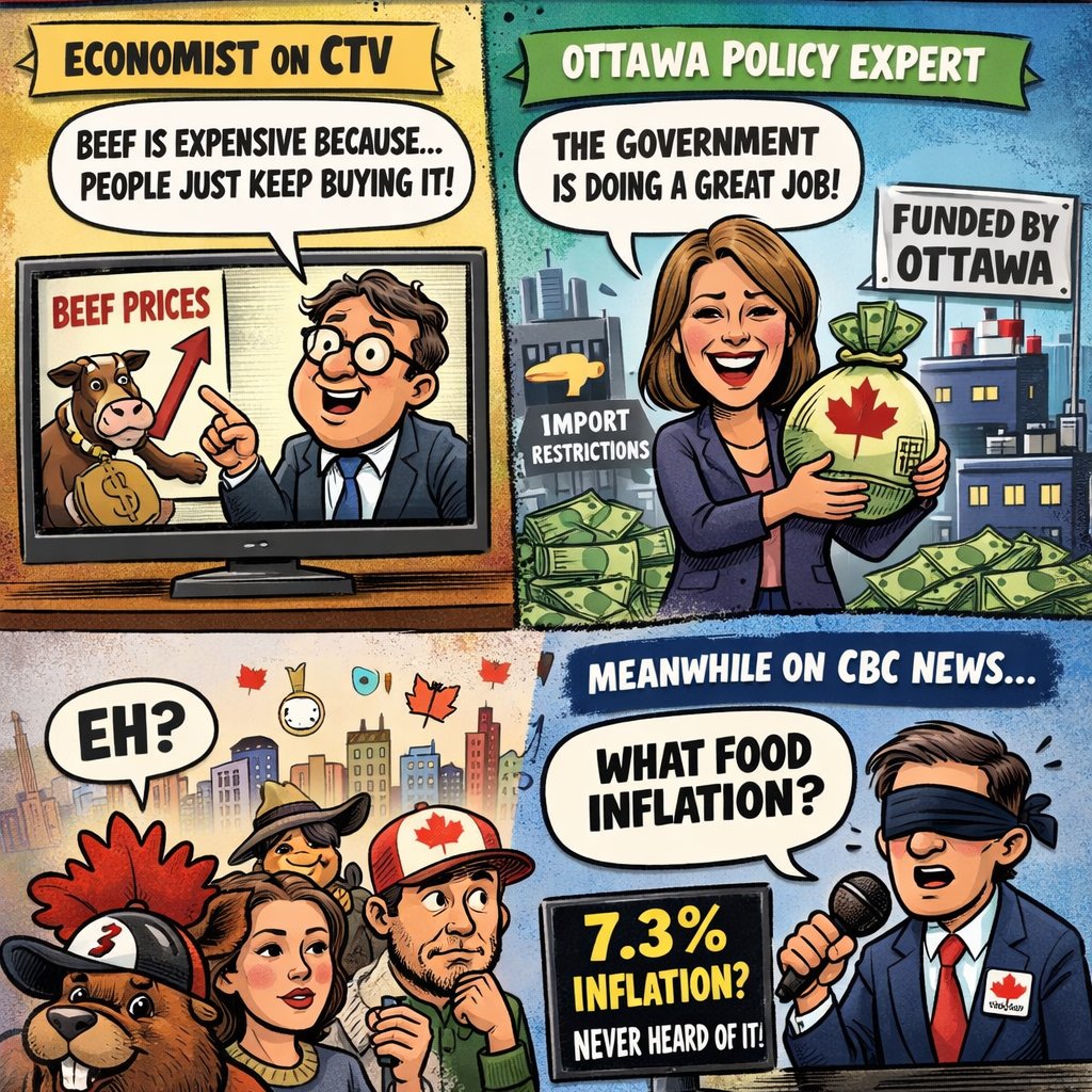 FoodProfessor's tweet photo. Food inflation has undeniably become a political issue in Canada.

Need evidence? Yesterday on CTV, an economist who does not conduct forecasting or price analysis suggested that beef prices are “skyrocketing” simply because consumers continue to buy beef — effectively blaming demand, you, the consumer, not the reality of a highly concentrated processing sector dominated by two foreign-owned firms, nor the role of import restrictions and policy choices in shaping supply.

Another commentator, with no research background in food pricing, praised the Carney government’s “strong policy direction,” while acknowledging that her agency is fully funded by Ottawa and that her grant is up for renewal this year.

And the CBC? Not a single mention of Canada’s G7-leading 7.3% food inflation rate.

This is precisely why Canadians remain poorly informed about why food prices are rising.