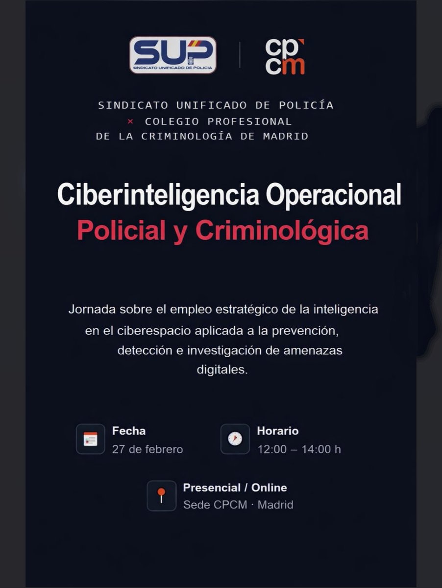 📢Ciberinteligencia Operacional
<a href="/ColegioCrimMad/">CPCM</a>
 y <a href="/Sup_Policia/">SUP</a>
 Prevención, detección e investigación de amenazas
#SUPLíderEnFormación
🗓️Fecha 27 de febrero de 2026
⏰Horario 12:00 – 14:00 horas
📌Presencial Sede CPCM / 👩‍💻online
No te la pierdas ⤵️
supformacion.es/ciberinteligen…