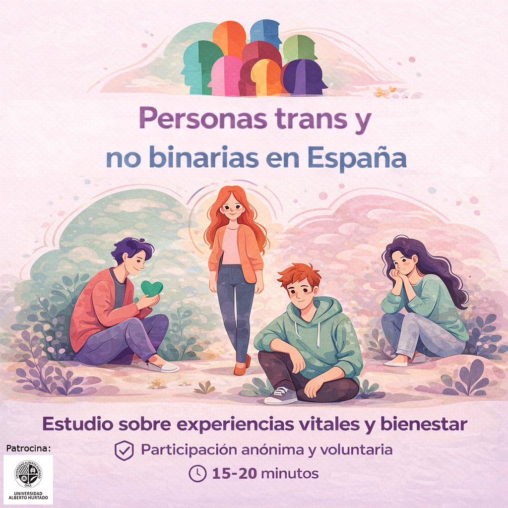 🔎 Estudio sobre diversidad de género y salud mental.

Abierto a toda la población residente en España, con especial invitación a personas #trans y #nobinarias.

📋 Cuestionario online · 🔒 Anónimo · 🕒 15-20 minutos

👉 Participa aquí: es.surveymonkey.com/r/spainIDG