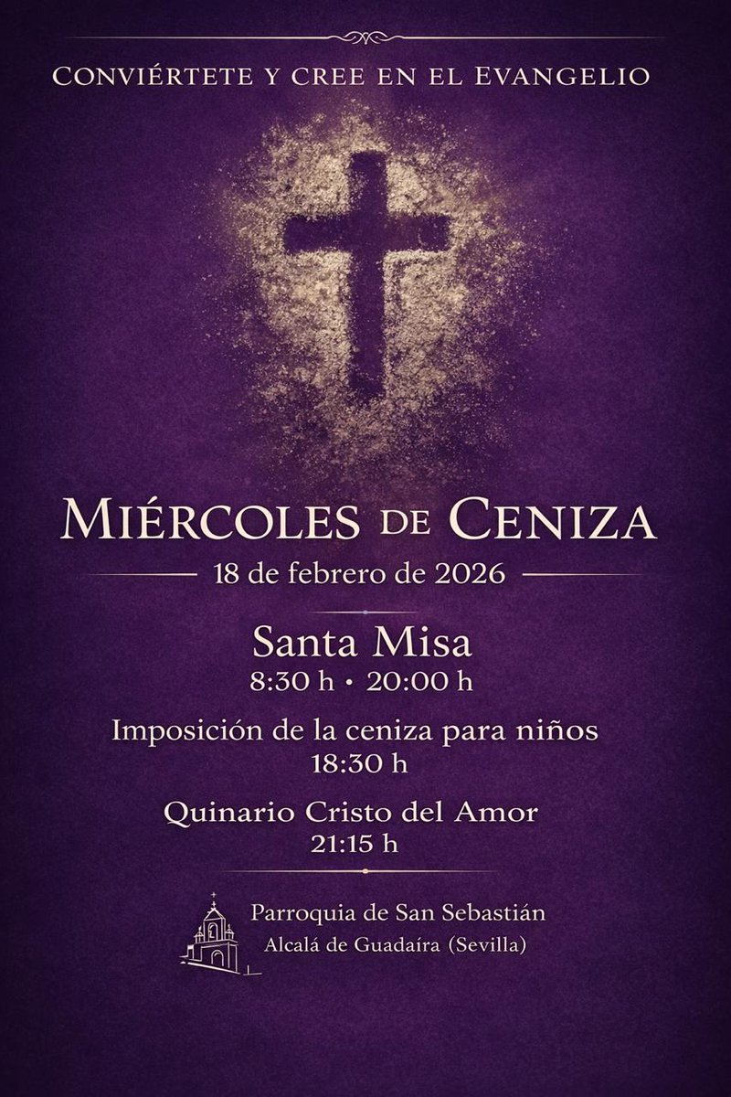 🟣𝗠𝗜É𝗥𝗖𝗢𝗟𝗘𝗦 𝗗𝗘 𝗖𝗘𝗡𝗜𝗭𝗔
📍Comienza hoy la cuaresma. Aprovechemos este tiempo de penitencia para acercarnos más a Dios.
🕗Celebraremos la Eucaristía e imposición de cenizas en nuestra Parroquia a las 20:00 horas.