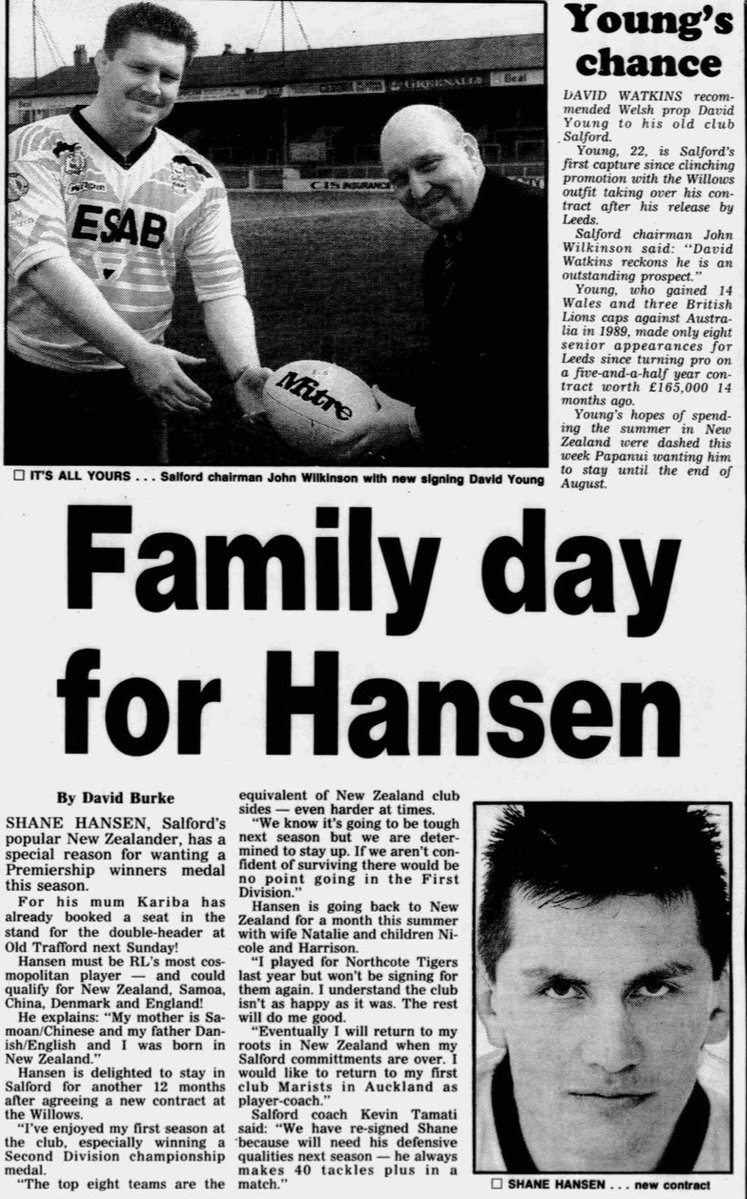 It’s a look back at 1991 today with the local Manchester Evening News headlines from May brought to us from the brilliant Rugby League correspondent (and Salford supporter) David Burke! 

Welsh forward Dai Young arrives at The Willows &amp; ‘Shakers’ Shane Hansen signs on again. 👹