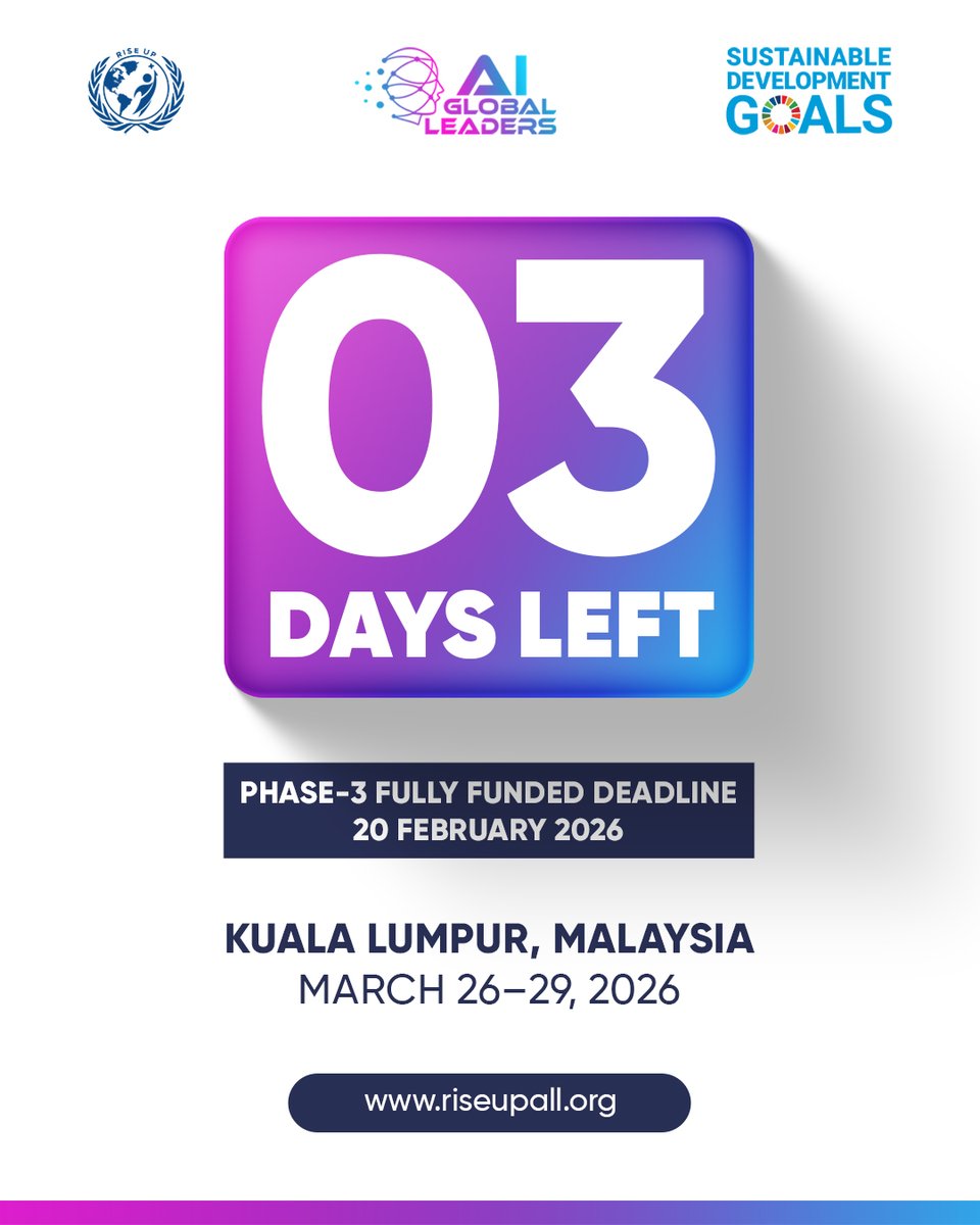 The Clock is Ticking.
3 days left to step into global leadership powered by AI.
⏰ Don’t wait. Apply now.
riseupall.org/agl-2026/
Kuala Lumpur • March 26–29, 2026
AI for Global Leaders (AGL) 2026