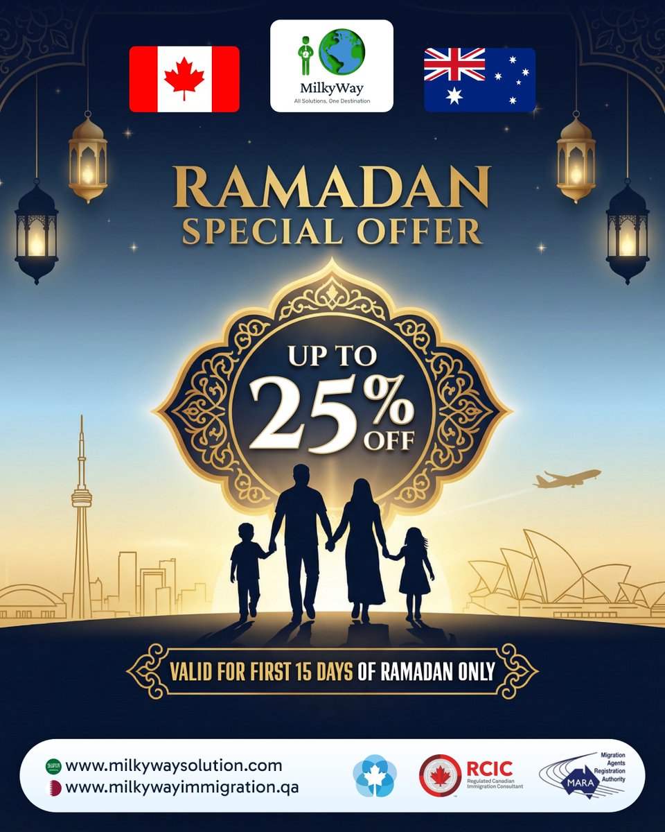 MilkyWaySaudi's tweet photo. Ramadan Exclusive from MilkyWay
Celebrate this blessed season with up to 25% savings on selected Canada and Australia immigration services.
Available only during the first 15 days of Ramadan.

A meaningful time to plan your future with confidence.

Why Choose MilkyWay?
• Registered with IRCC, MARA & MIA – Certified experts
• Hassle-free process – Simple, clear, and stress-free
• Complete support – From assessment to settlement
• Proven trust – Thousands of successful cases

Get your free migration assessment today.

Saudi Arabia
Riyadh: 054 159 1427
Jeddah: 054 144 6850
Al Khobar: 056 292 4040

#RamadanSpecial #RamadanOffer #MilkyWayImmigration #ImmigrationServices #MigrationSupport #CanadaImmigration #AustraliaImmigration #NewBeginnings #RamadanDeals #PlanYourFuture