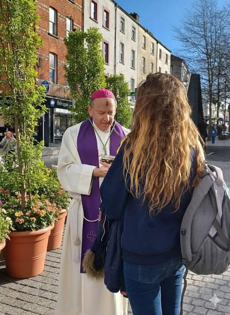 Irish Bishop, Bishop Alphonsus Culan took to the streets on Ash Wednesday, offering ashes by hand to passersby.