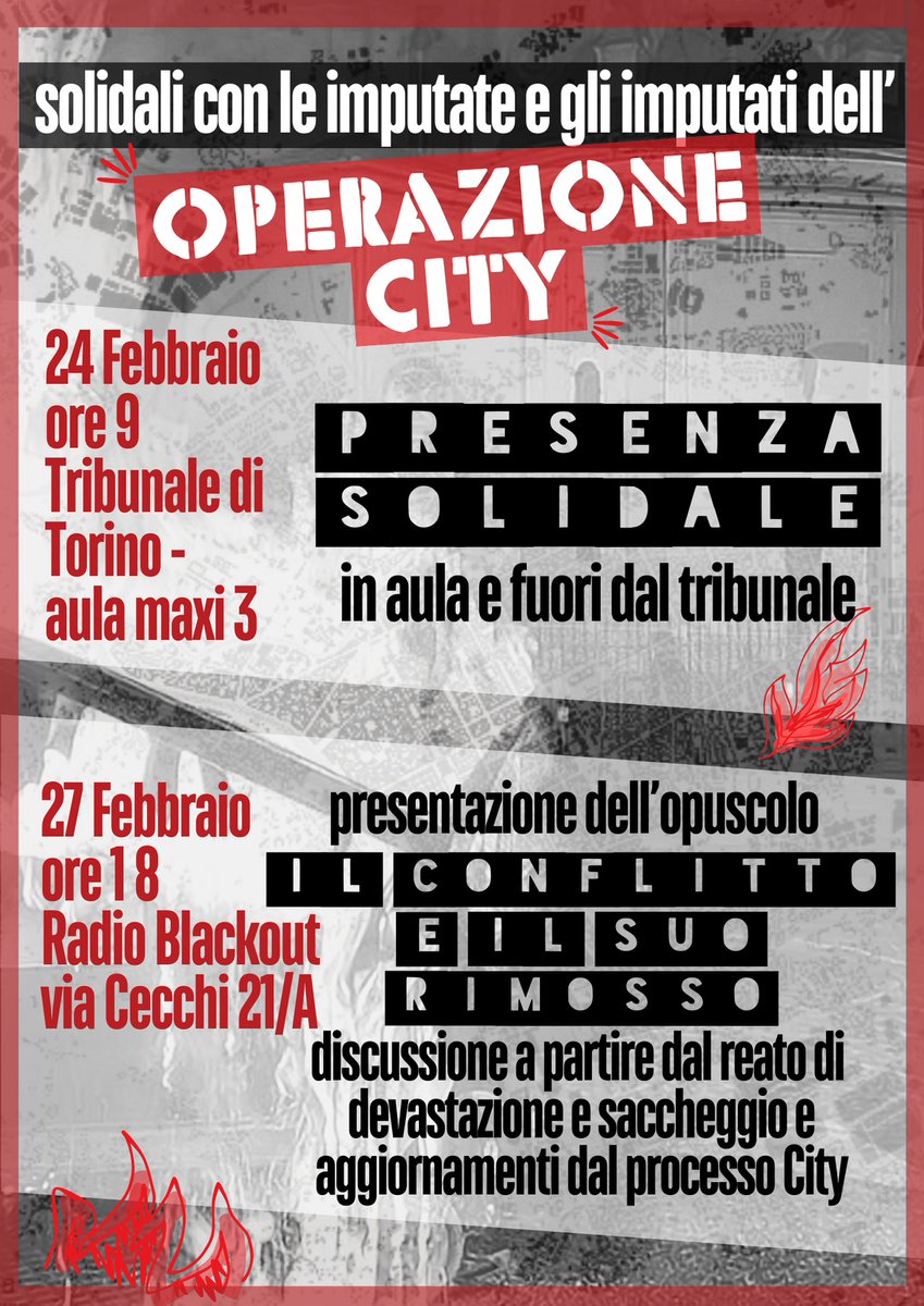 Torino 24 e 27 febbraio: solidali con le e gli imputati dell'operazione City - per ricordare che la lotta contro il 41bis e l’ergastolo ostativo è una lotta sempre attuale: contro il carcere e la società che ne ha bisogno. #no41bis