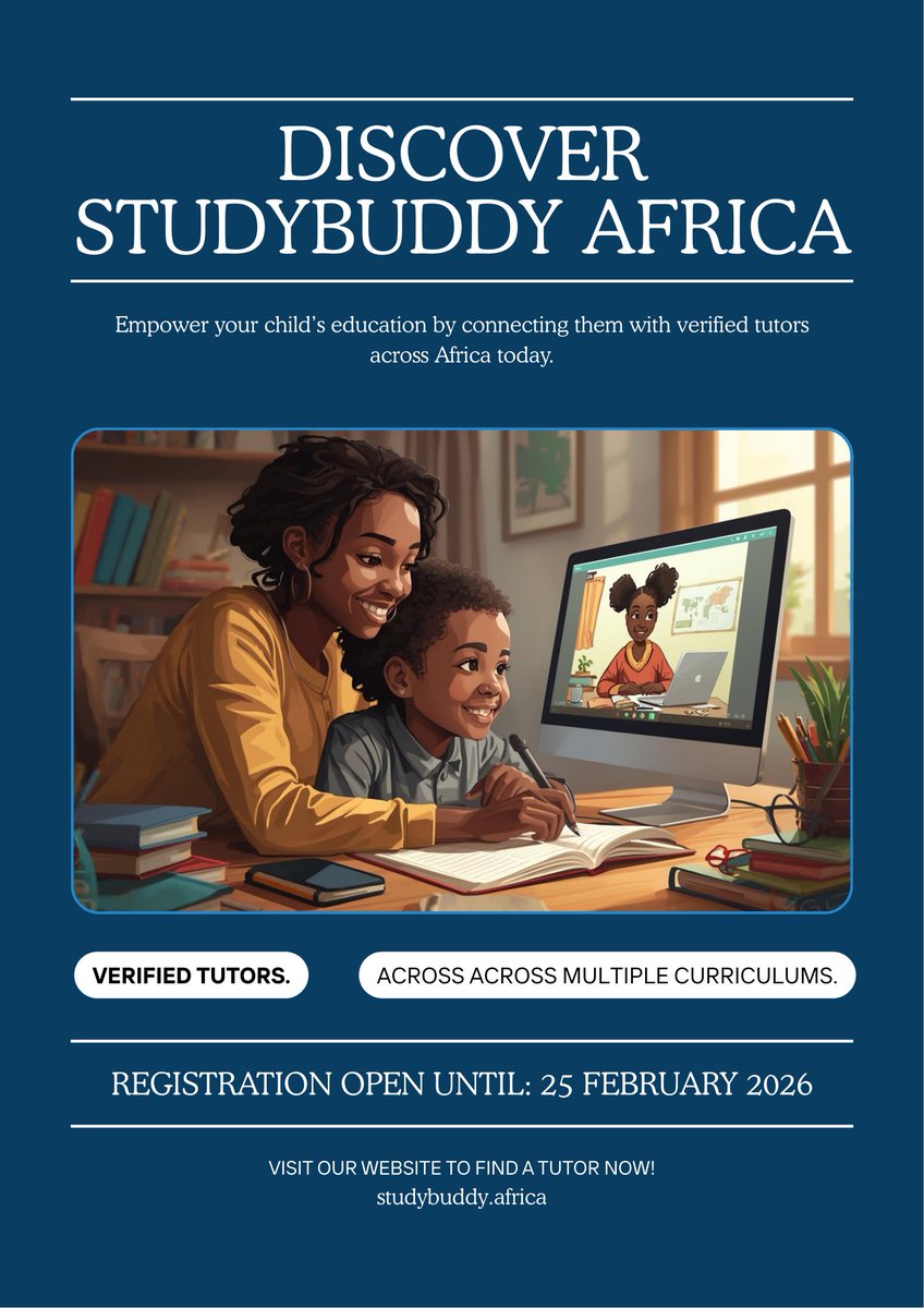 StudyBuddyAfr's tweet photo. Other parents have already matched their children with verified tutors on StudyBuddy Africa.

Support your child early.
Don’t wait for exam panic.
Find a tutor now

#ParentsInAfrica #EducationSupport #SmartParents #StudyBuddyAfrica #TutorsForKids https://t.co/Dj9ziXNtOA
