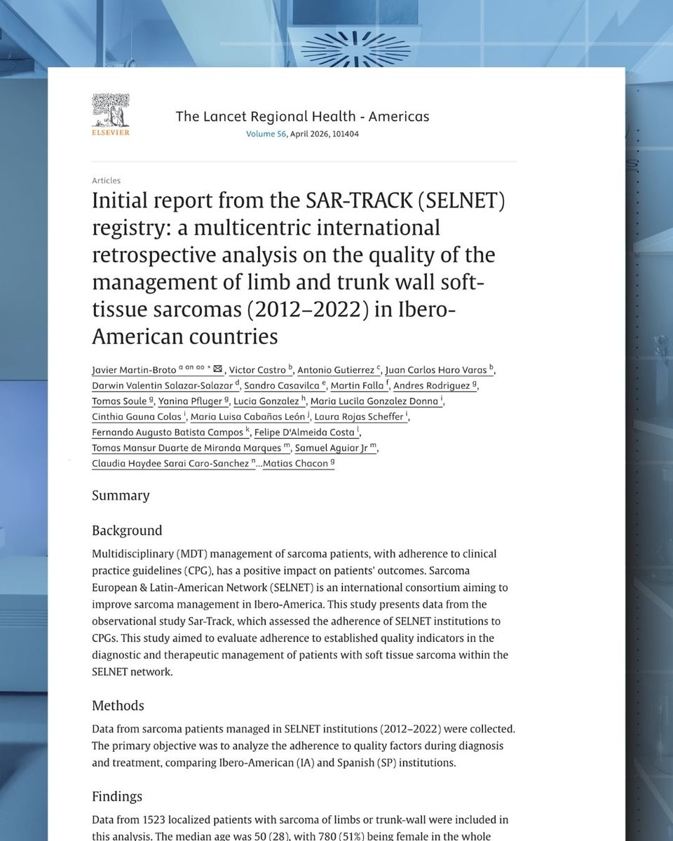 GrupoGeis's tweet photo. 📄Nueva publicación internacional liderada por Javier Martin-Broto con los primeros resultados del registro SELNET(SAR-TRACK)
🔍Analiza la calidad del manejo del sarcoma en Iberoamérica y la necesidad de atención multidisciplinar y centros de referencia
🔗 https://t.co/9OO9Q3f4O1 https://t.co/CFMmqr0sv6