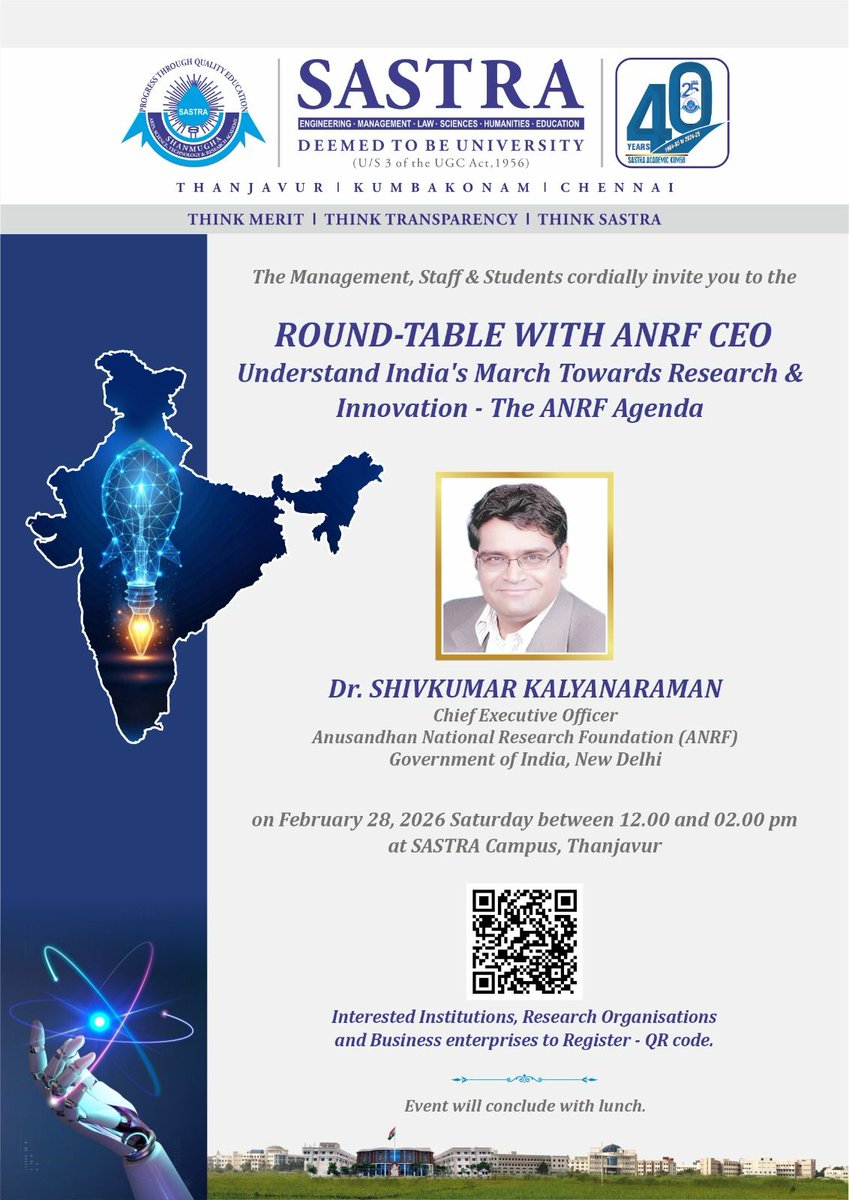 SastraUniv's tweet photo. Its a packed National Science Day celebrations at @SastraUniv on Feb 28 2026 with the Annual Scuence Day Awards presentation and a special brainstorming session with @ANRFIndia CEO @shivkuma_k Pls register at https://t.co/hMljFEH1Yx and join us from Awards event @SVaidhyasubrama https://t.co/fGfNGBtdzK