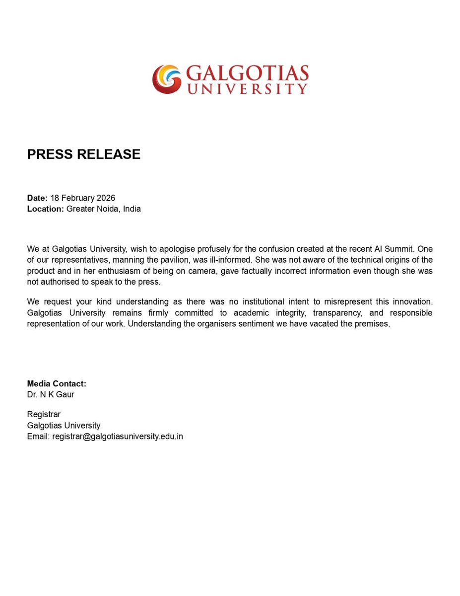 ANI's tweet image. Galgotias University issues a press statement following the row over the display of a Chinese-made robodog at the AI Impact Summit expo

"We at Galgotias University, wish to apologise profusely for the confusion created at the recent Al Summit. One of our representatives, manning