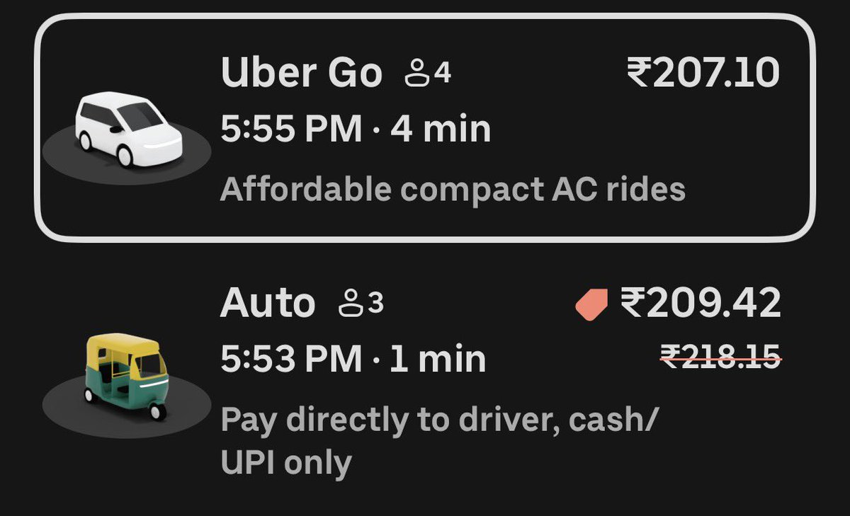 Karthikoora's tweet image. Uber really said:

🚗 AC cab – ₹207
🛺 Auto – ₹209

So now I’m paying more to sit sideways and inhale traffic?

Make it make sense 💀

#Uberindia