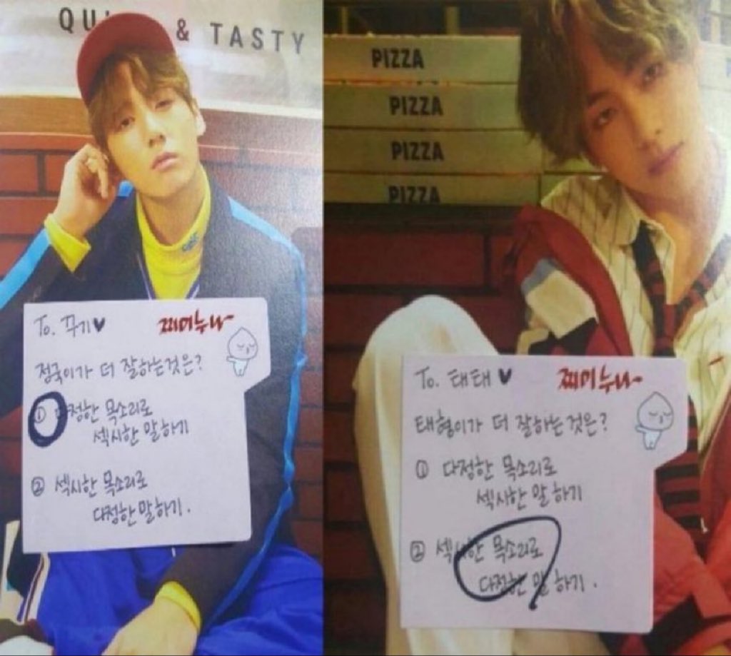 tkk_pics's tweet image. Q: What is Jungkook good at?
🐯: "Saying sexy words in a cute voice"

Q: What is Taehyung good at?
🐰: "Say cute words in a sexy voice"

okay boyfriends