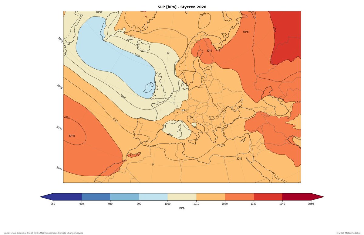 PogodaMeteo's tweet photo. Rozkład ciśnienia (#MSLP) i anomalii temperatury w Europie wg reanalizy #ERA5 w styczniu 2026 i 2023.
#pogoda #Polska #Europa https://t.co/0KWiDgoVx8