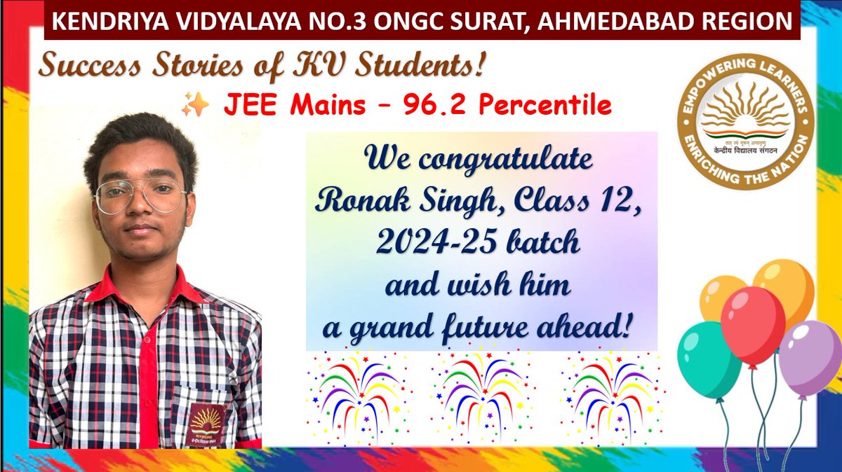 kvongcsurat's tweet photo. We congratulate Ronak Singh, for his dedication and excellence and wish him continued success in all future endeavours.
@EduMinOfIndia @KVS_HQ @RoAhmedabad @IITIndore
#SchoolPride #StudentAchievement #ExcellenceInEducation #DesignSuccess #IITIndore https://t.co/lkaslGWHpJ