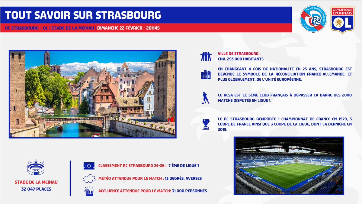 Accès déplacement - <a href="/RCSA/">Racing Club de Strasbourg Alsace</a> / <a href="/OL/">Olympique Lyonnais</a>

Supporters, supportrices lyonnais,

Retrouvez ci-dessous votre guide pratique pour notre déplacement à Strasbourg :

🏟️ Stade de la Meinau

📅 dimanche 22 février 2026 à 20h45

🅿️ parking disponible au stade (dans la limite des places disponibles)