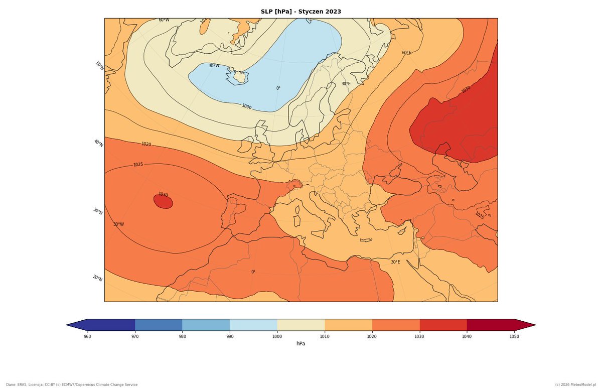 PogodaMeteo's tweet photo. Rozkład ciśnienia (#MSLP) i anomalii temperatury w Europie wg reanalizy #ERA5 w styczniu 2026 i 2023.
#pogoda #Polska #Europa https://t.co/0KWiDgoVx8