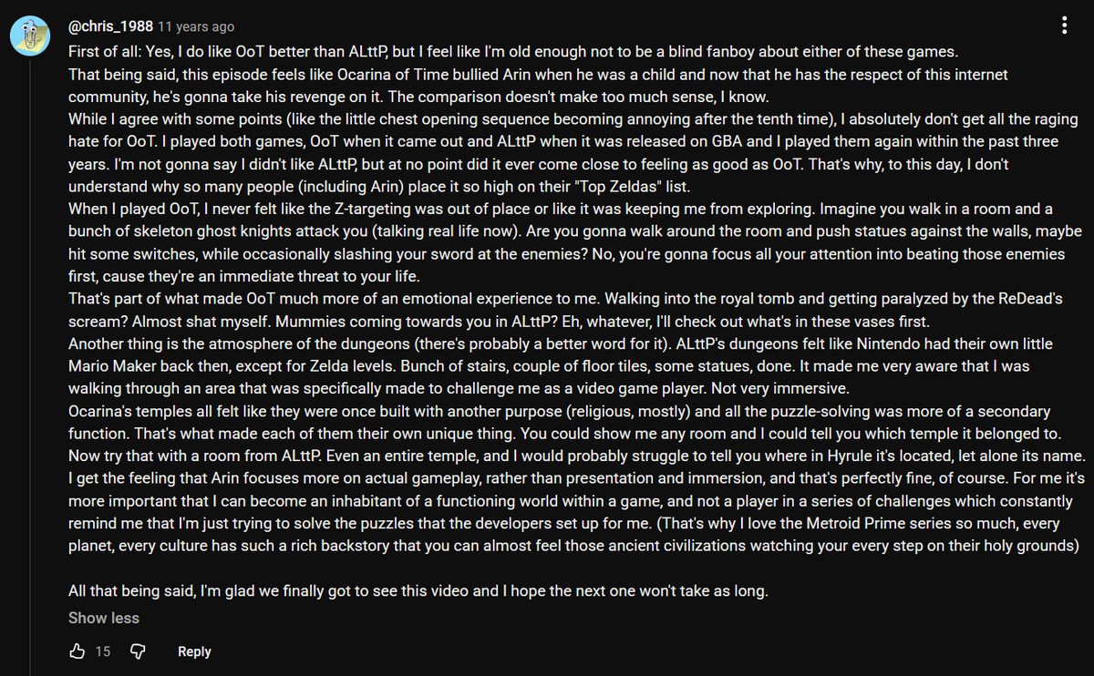 Chris29888's tweet photo. @egoraptor The OoT one felt almost vengeful in comparison from what I remember. It's been a while since I watched all of them but I left a lengthy comment back then explaining my feelings.
(Also, holy shit, 11 years??) [contd] https://t.co/yUzNtV13FC