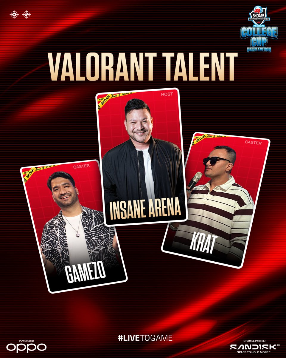 skoar's tweet photo. Here comes the party...and our talents!

Meet our Casting talent for Valorant🔥

Catch the Valorant finals of Skoar College Cup on 20 February at Bennett University 💫
#skoarcollegegaming #skoar #valorant #casterreveal #gaming https://t.co/X9CVvsTuQC