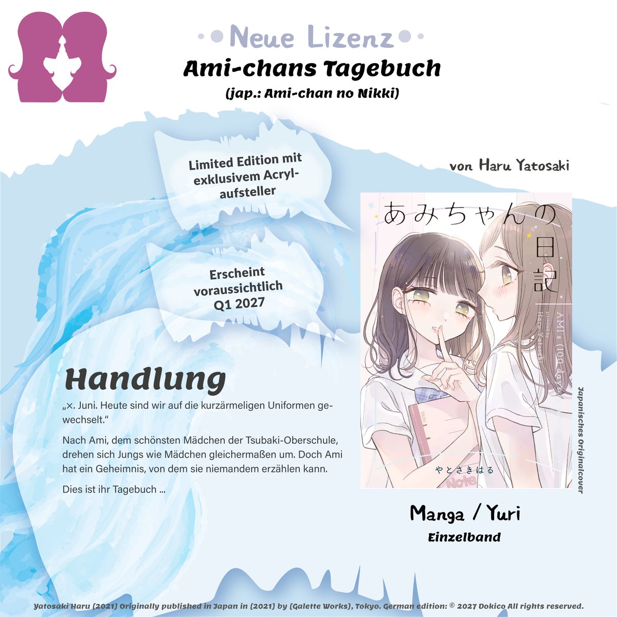 +++Lizenzankündigung+++ 

Ab voraussichtlich Frühjahr 2027 veröffentlichen wir „Ami-chans Tagebuch“ von Mangaka Haru Yatosaki (<a href="/yatosaking/">やとさきはる🐰あくあま連載中</a>) unter unserem Yurico-Label. 

Die Limited Edition erscheint mit einem neugezeichneten Acrylaufsteller. 

Ab sofort vorbestellbar: