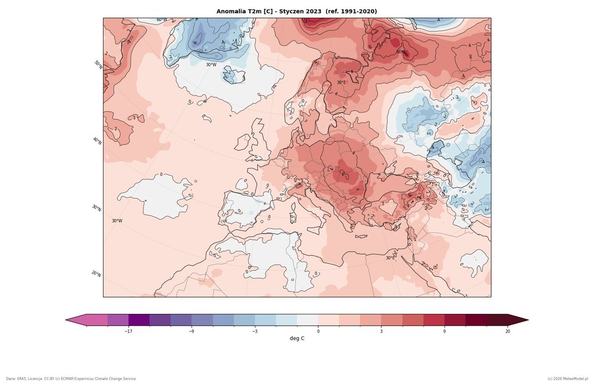 PogodaMeteo's tweet photo. Rozkład ciśnienia (#MSLP) i anomalii temperatury w Europie wg reanalizy #ERA5 w styczniu 2026 i 2023.
#pogoda #Polska #Europa https://t.co/0KWiDgoVx8