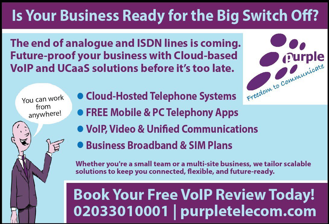purpletel's tweet photo. 🚨 The Big Switch Off is coming!
Analogue &amp; ISDN lines are ending – is your business ready?

Upgrade to cloud-based VoIP and stay connected from anywhere.

👉 FREE VoIP review
📞 0203 301 0001
🌐 https://t.co/XH62ZCgnLd

#BigSwitchOff #VoIP #BusinessTelecoms #FutureReady #UCaaS https://t.co/F5AeEhULs4