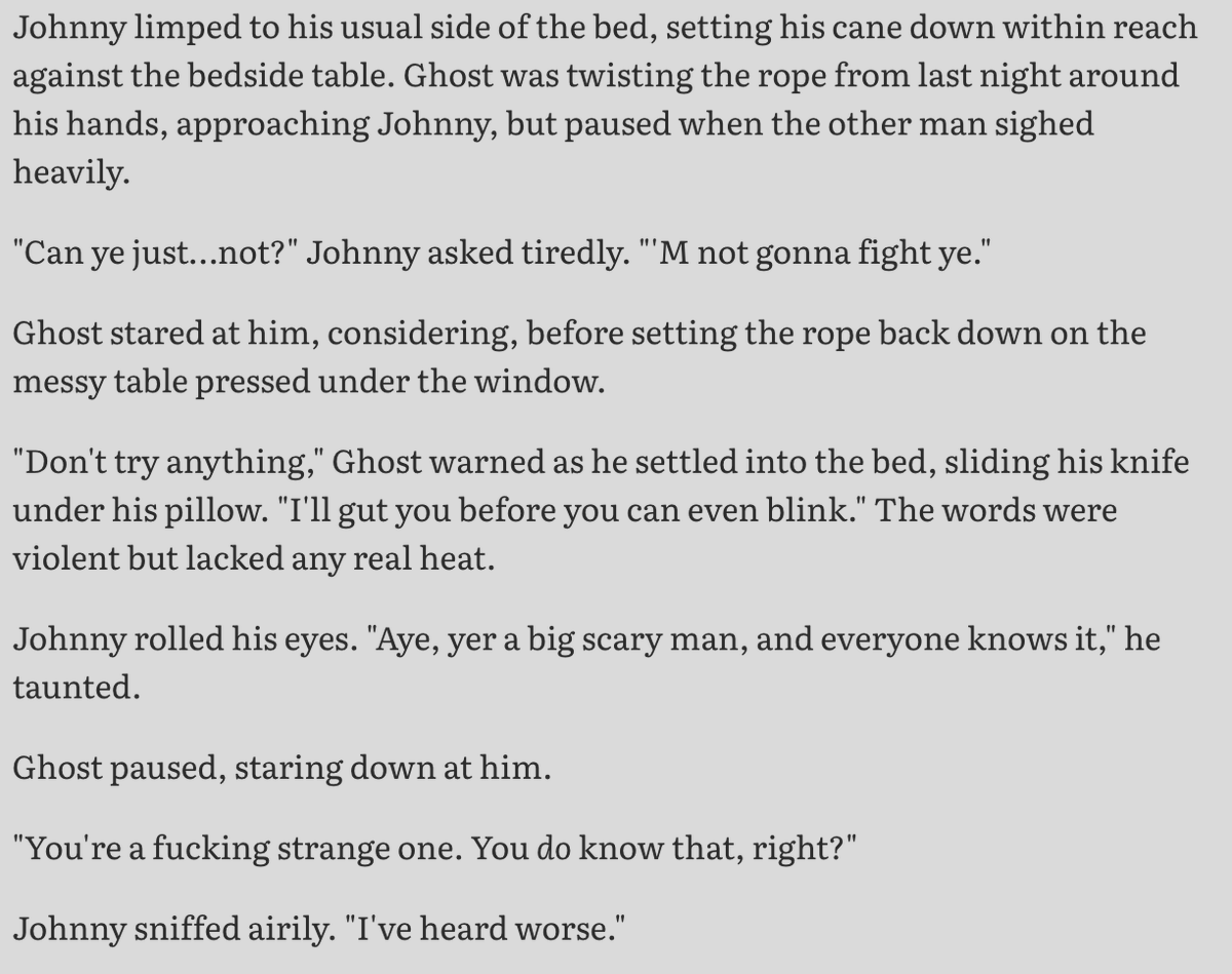 gainsywrites's tweet photo. here's a lil ghoap wip for a new fic *jazz hands* an AU where poor Soap gets held hostage by mercenary!Ghost and they fall in love while pretending to be boyfriends :3c https://t.co/0bYfDWkfZ9