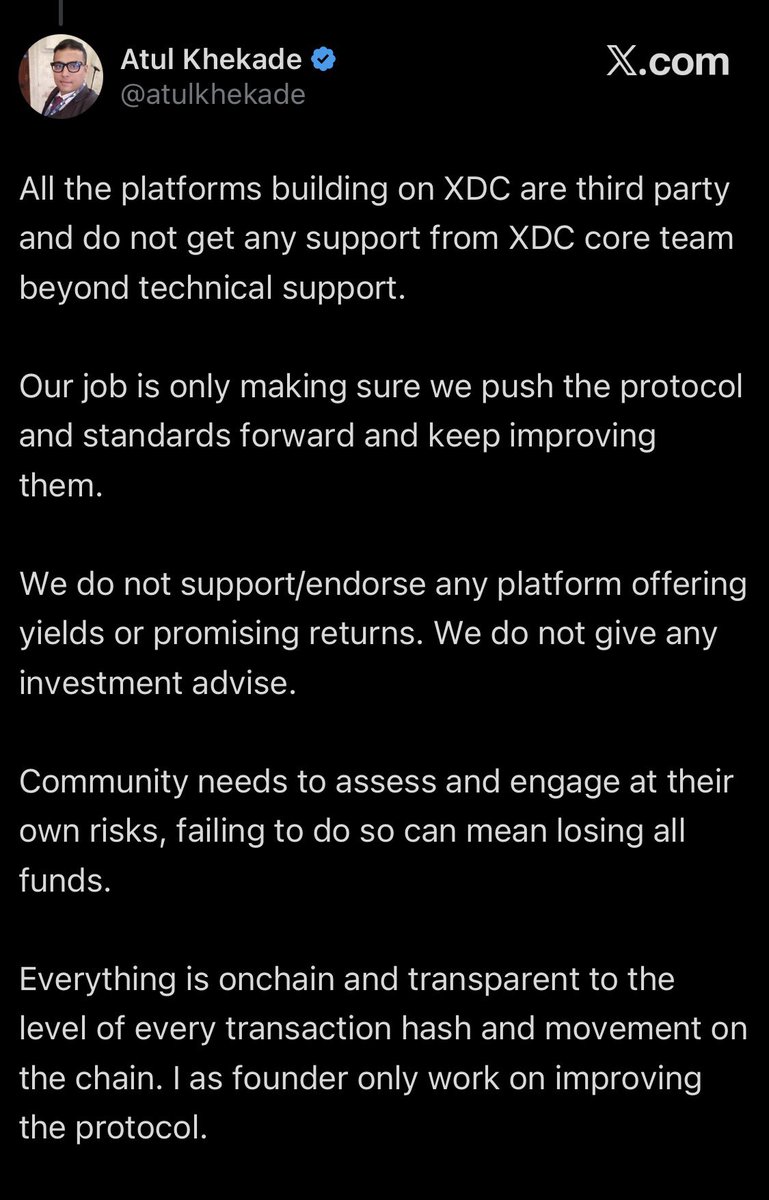 RefundXDCxx's tweet photo. @GainsAssociates @XDCNetwork XDC founder warns
“Don’t trust third-party products — you risk losing everything”
Meanwhile, literally everything on XDC Network is a third-party product
So no trustworthy platforms exist on the chain, and if shit hits the fan→foundation&amp;founders = zero responsibility
Got it🫡 https://t.co/aMS37WZfux