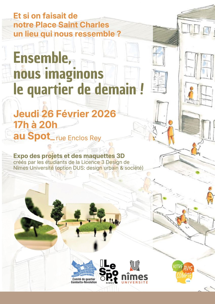 unimesfr's tweet photo. Les L3 #Design option Design Urbain et Société exposent au Spot de Nîmes ‼️
👉Projets d’aménagement de la Place Saint-Charles, Quartier Gambetta. Interroger #pratiques et #usages des habitants et habitués.
🗓️le 26/2 de 17h à 20h
#unimes #université #Nîmes #formation #territoire https://t.co/LOEanByCv3
