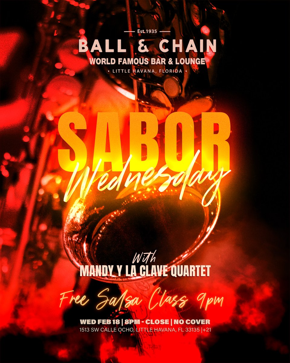 BallAndChainBar's tweet photo. TODAY: #LiveMusic noon to 9 p.m., #HappyHour 4 to 7, #Karaoke 6 to 9, then #SaborWednesday with the Mandy y La Clave Quartet + a FREE #SalsaClass, 9
TOMORROW: #SalsaNight ft. @DJElRusso, 8 and a FREE #SalsaLesson, 9
#supportlocal https://t.co/kBdwIKRQzT
ππ https://t.co/C3sgPxXpAv