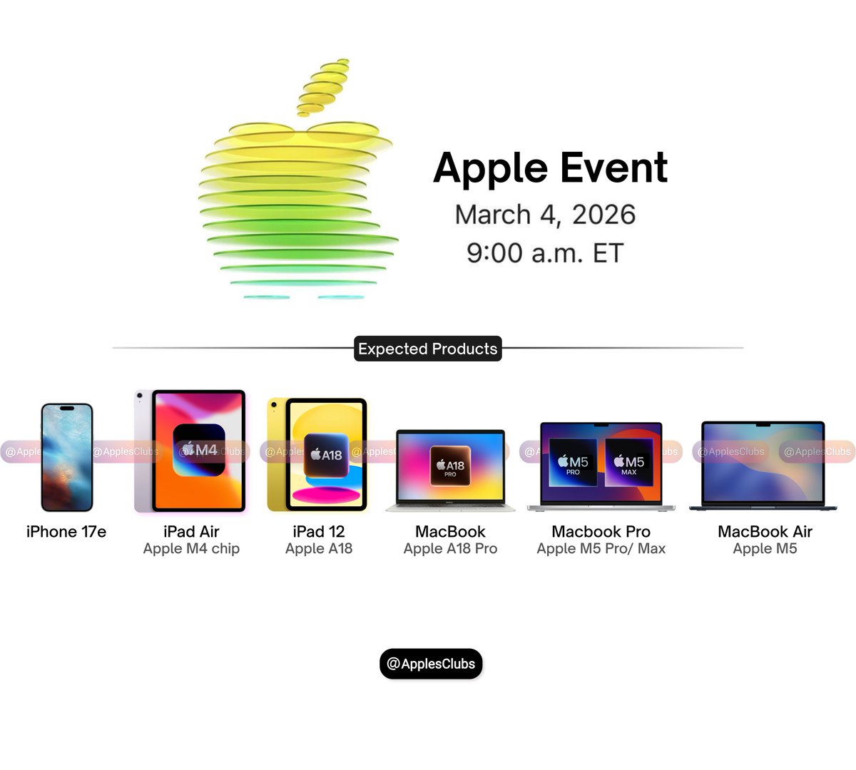 Apple Event Products:

📱 iPhone 17e
📲 iPad Air (M4)
🆕 iPad 12 (A18)
💻 MacBook (A18 Pro)
🚀 MacBook Pro (M5 Pro/Max)
✨ MacBook Air (M5)

Which one are you upgrading to? 👇