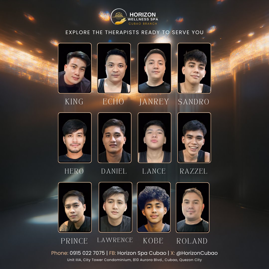 ✨ Therapist Line-Up Today at Horizon Spa Cubao! ✨
Your favorite therapists are in — ready to give you the ultimate relaxation you deserve. 💆‍♀️💆‍♂️
Book your session now and treat yourself!
📍 Horizon Spa Cubao
📞 0915 022 7075
📲 Message us to reserve your slot!