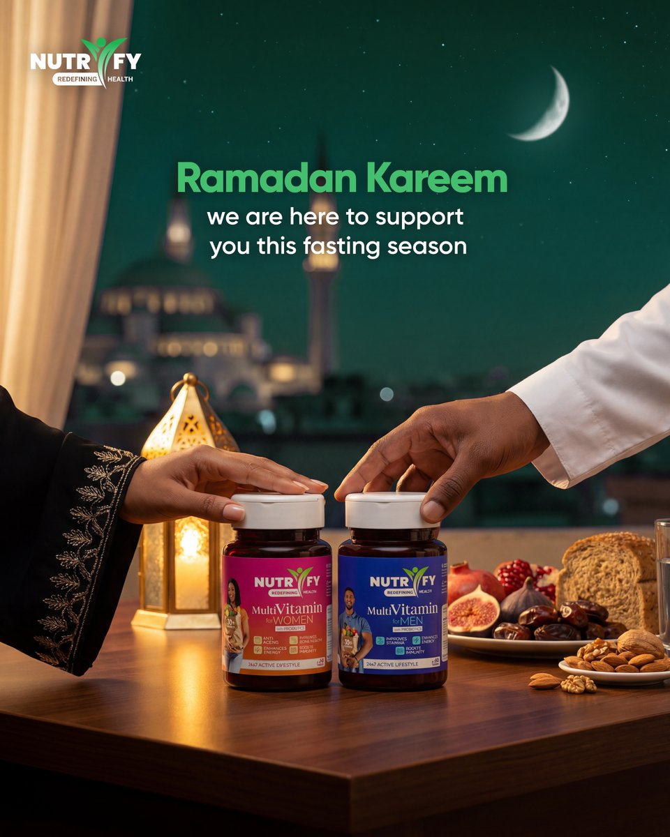NutrifyNigeria's tweet image. Ramadan Kareem 🌙 from all of us at Nutrify!
Your trusted daily wellness partner, here to support your health, energy, and balance throughout this blessed season.

#nutrify #redefininghealth #ramadankareem #wellnessallround #wellness