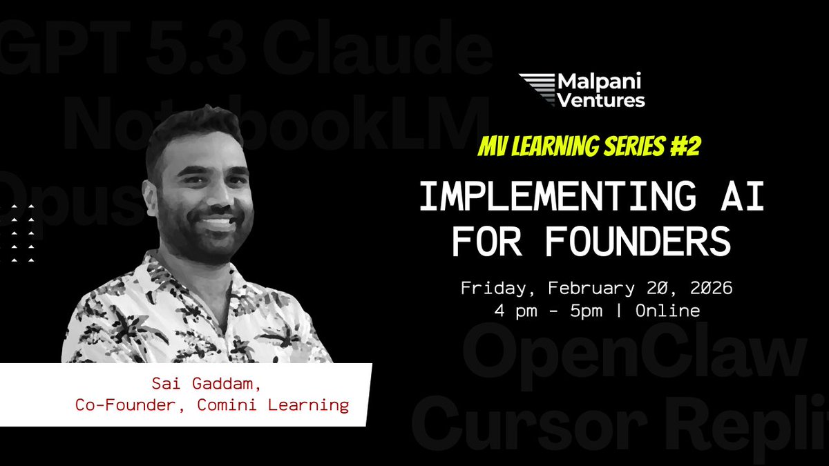 Excited to share the second edition of our MV Learning Series

Theme: Implementing AI for founders
Speakers: <a href="/SaiDrGaddam/">Sai Gaddam</a>  (Co-founder, Comini Learning) 
Date: Friday, February 20, 2026
Time: 4 pm onwards
Mode: Online

RSVP at the link below:
tally.so/r/VL008N

<a href="/malpani/">Dr Aniruddha Malpani, MD</a>
